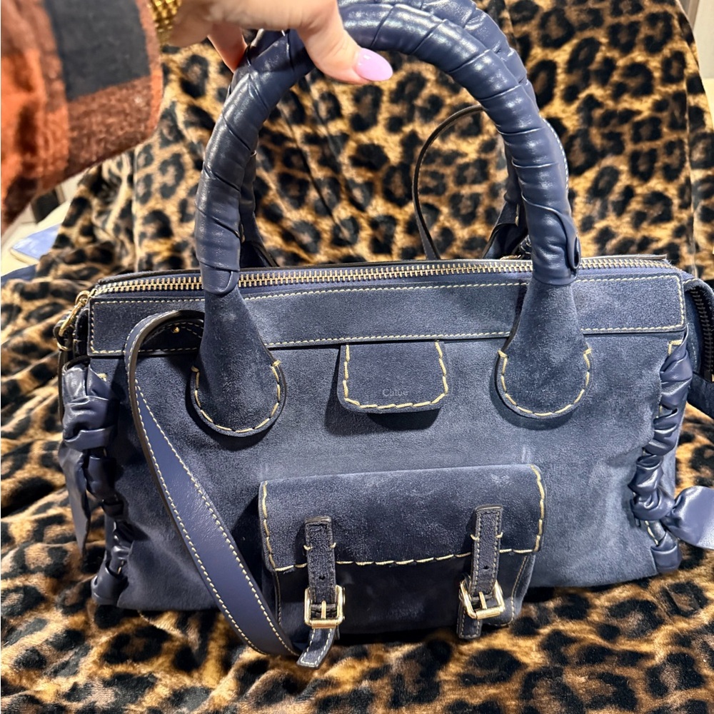 Chloe Edith Medium Suede Day Satchel, Navy Blue, Great Used Condition